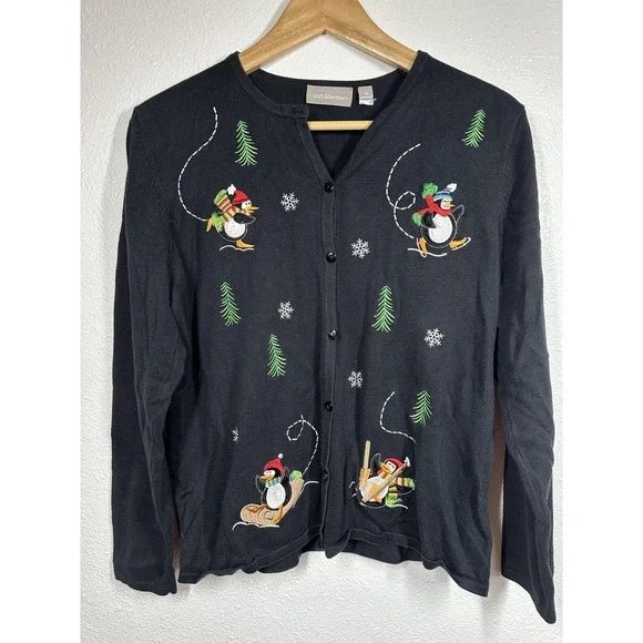 Croft & Barrow Sweater Womens Medium Penguin Christmas Cardigan Holiday Cute Pul - Picture 1 of 5